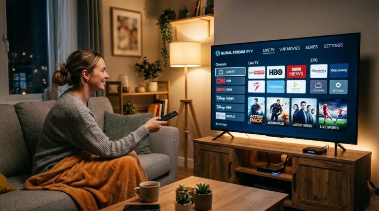 Free Trial IPTV on a Smart TV with 4K live channels, movies, sports, and premium streaming service in the USA.