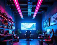 Luxury home cinema room with 8K glowing display and futuristic IPTV streaming infrastructure