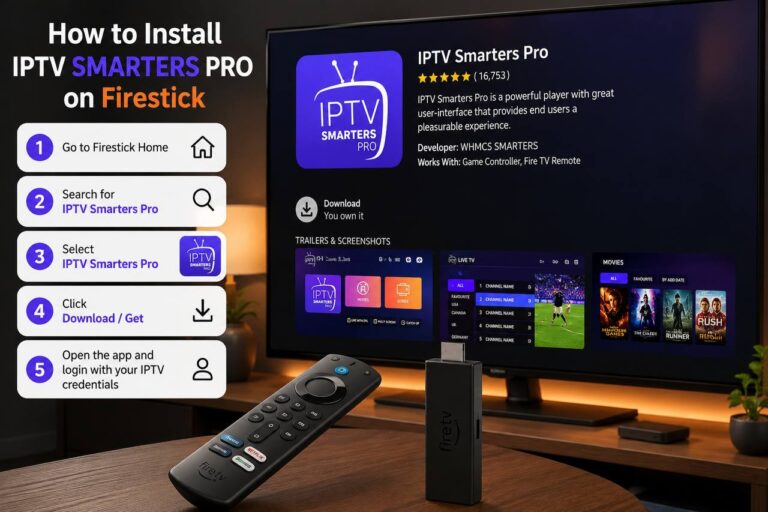 How to Install IPTV Smarters Pro on Firestick – Complete Setup Guide for Amazon Fire TV Stick, 4K Smart TV, IPTV Player App, Live TV Streaming, Movies, Series, Fast Wi-Fi, HD, Full HD, and 4K Entertainment.